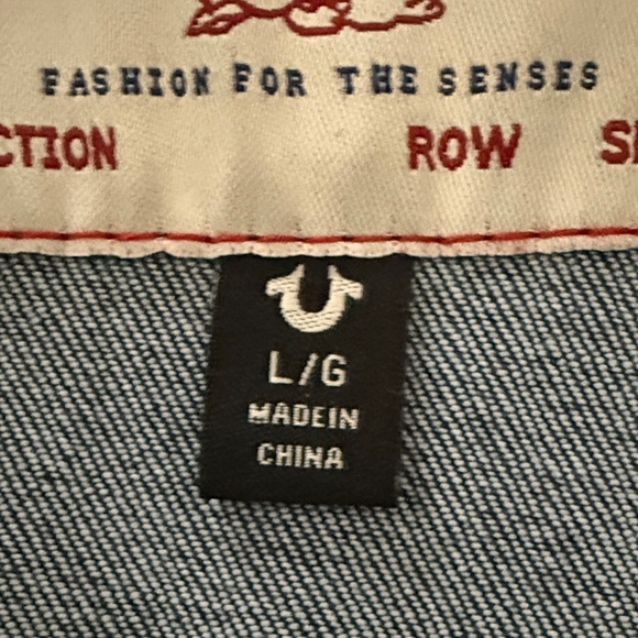 True Religion Y2K Slim Jimmy Dark Blue Jean Jacket frayed collarless neck - Picture 12 of 16